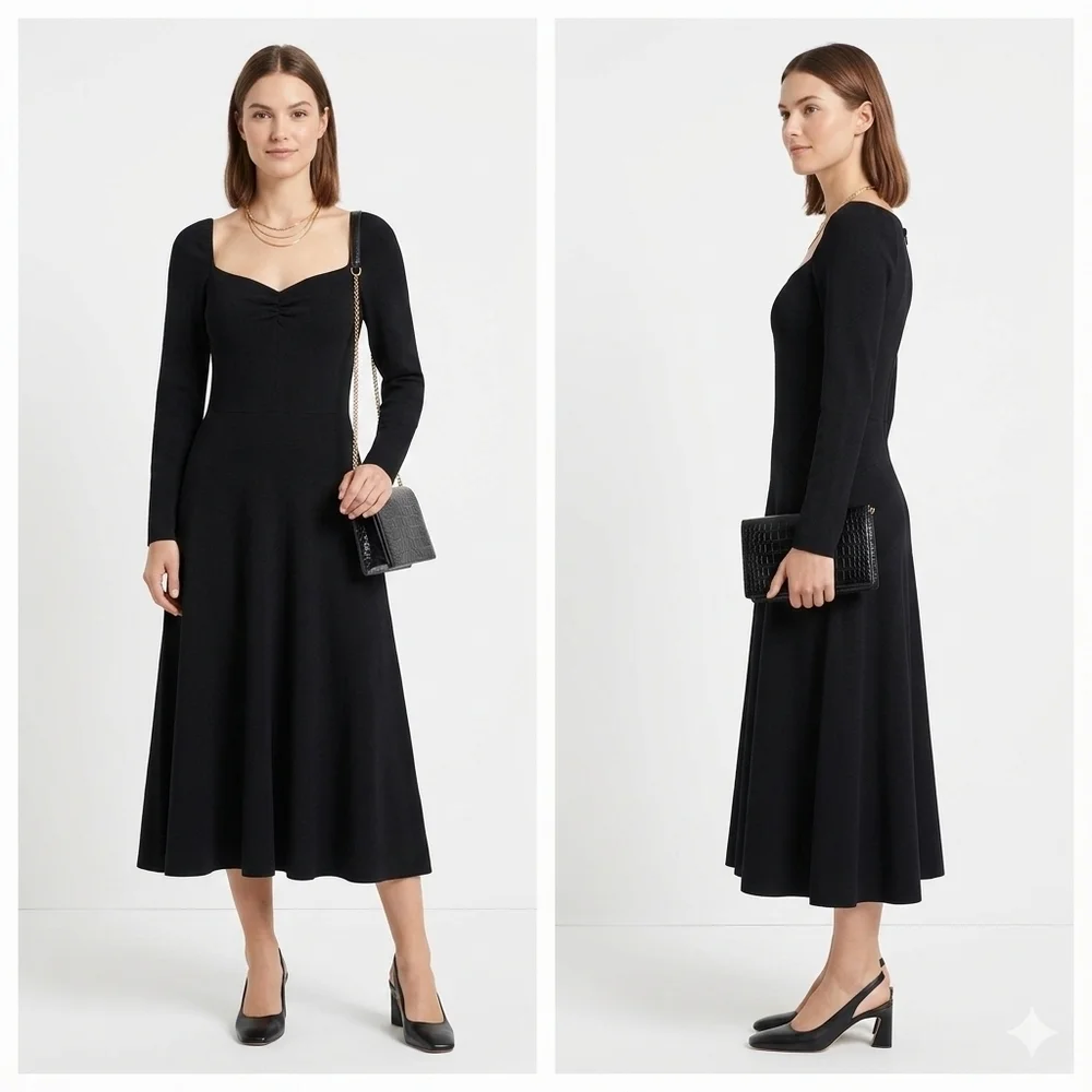 Vince Black Ruched Sweetheart Neck Long Sleeve Flare Midi Dress Size 10 - Picture 4 of 9